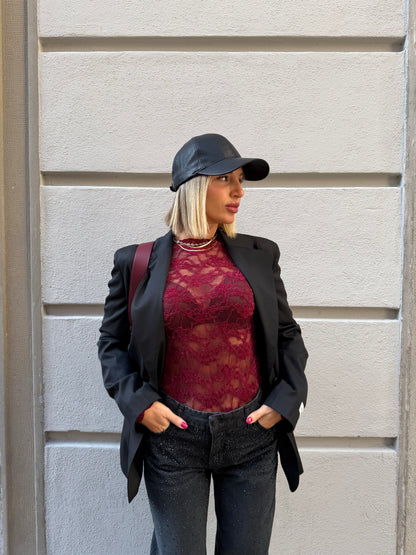 Maglia in pizzo e velluto bordeaux – Anna Rock Milano